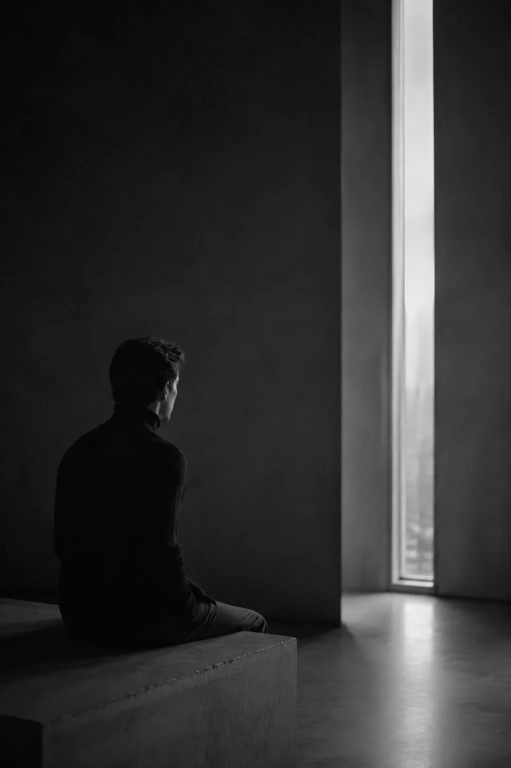 Anonyme sitzende Silhouette neben einem schmalen Lichtfenster